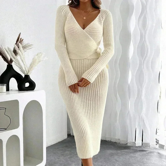 Beige Elegant Women's Stylish Knit V-Neck Cross-Tie Slimming Maxi Dress - Picture 5 of 7